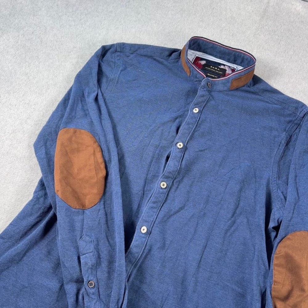 Zara Button Up Shirt Mens M Blue Solid Elbow Patch Mandarin Collar Relaxed Fit